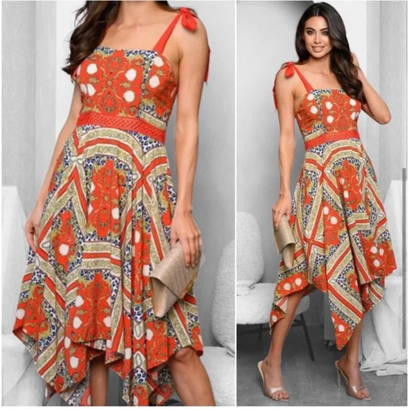 Red orange asymmetrical hem midi dress - Picture 3 of 4